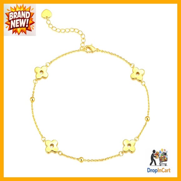 14K Gold Plated Anklet Adjustable Chain Romantic Floral Charm Elegant Minimal